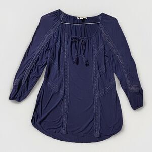 Lucky Brand Women’s Tunic Top Long Sleeve Lacy Cut Outs Very Boho Blue Size M 